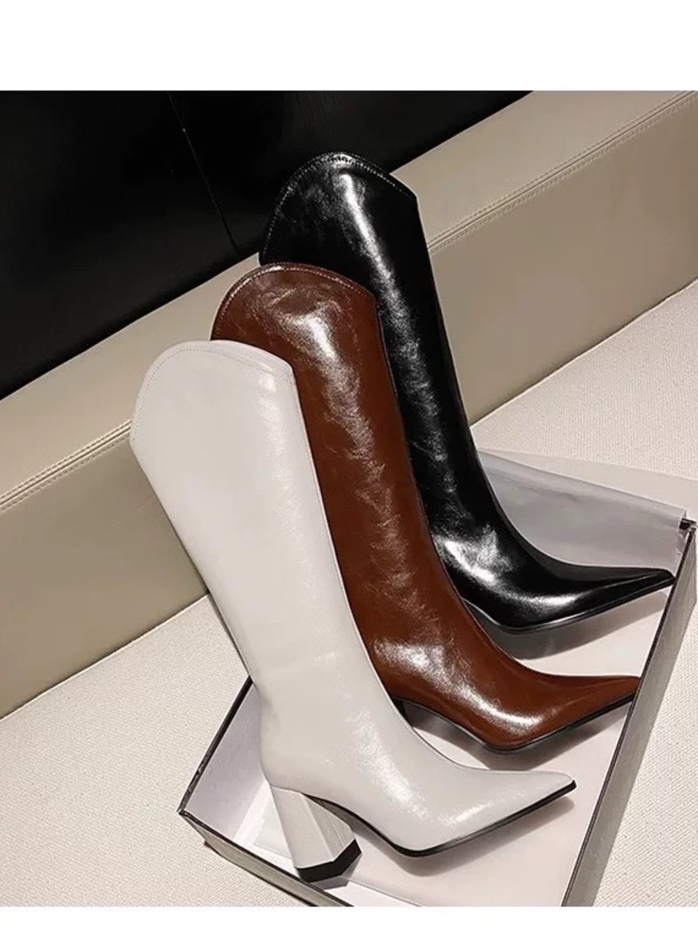 Cream Pointed-Toe Block Heel Knee-high Boots - Women
